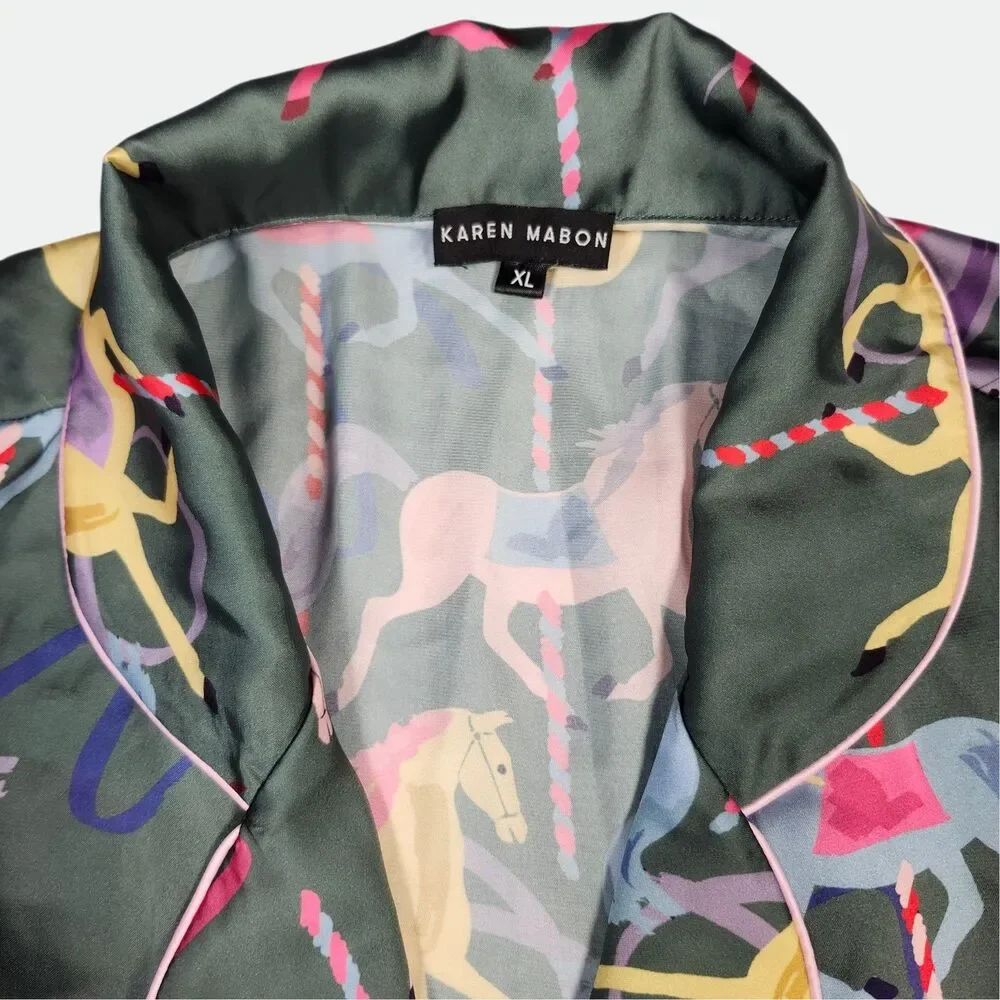 Karen Mabon Whimsical CAROUSEL Satin Pajama Shirt Women's Size XLARGE Green RARE